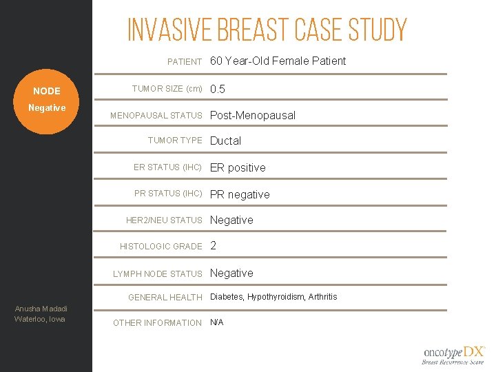 Invasive Breast Case Study PATIENT NODE Negative TUMOR SIZE (cm) MENOPAUSAL STATUS TUMOR TYPE