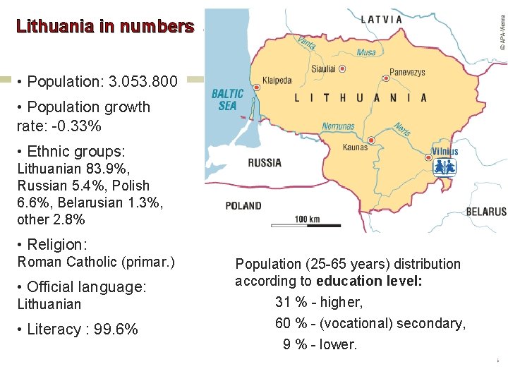 Lithuania in numbers • Population: 3. 053. 800 • Population growth rate: -0. 33%