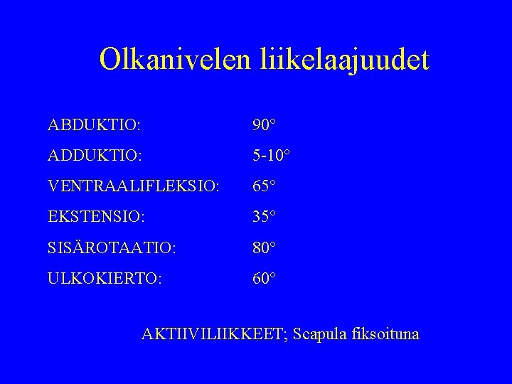 Olkanivelen liikelaajuudet ABDUKTIO: 90° ADDUKTIO: 5 -10° VENTRAALIFLEKSIO: 65° EKSTENSIO: 35° SISÄROTAATIO: 80° ULKOKIERTO:
