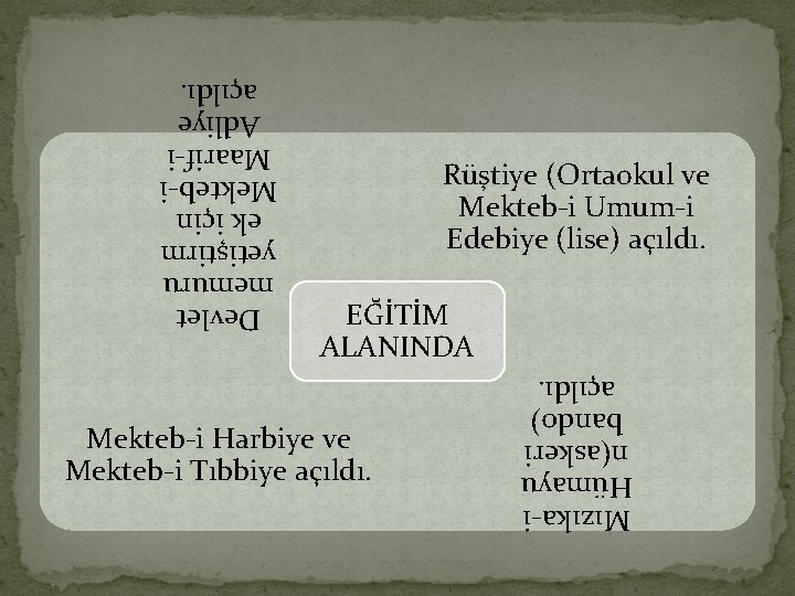 Rüştiye (Ortaokul ve Mekteb-i Umum-i Edebiye (lise) açıldı. EĞİTİM ALANINDA Mızıka-i Hümayu n(askeri bando)