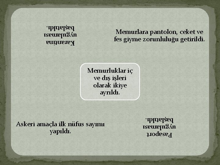 Karantina uygulaması başlatıldı. Memurlara pantolon, ceket ve fes giyme zorunluluğu getirildi. Memurluklar iç ve