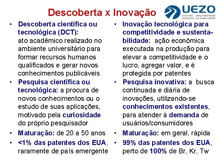 Descoberta x Inovação • Descoberta científica ou • Inovação tecnológica para tecnológica (DCT): competitividade