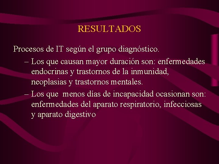 RESULTADOS Procesos de IT según el grupo diagnóstico. – Los que causan mayor duración