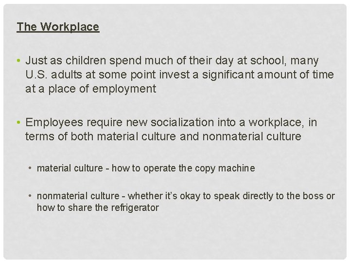 The Workplace • Just as children spend much of their day at school, many