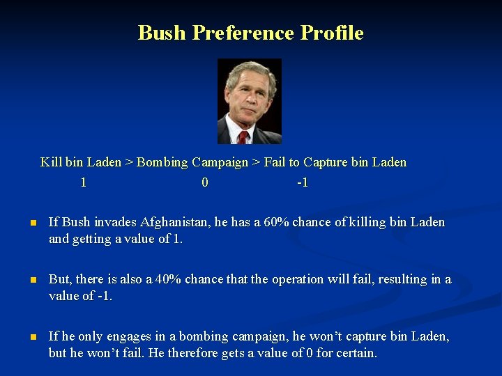 Bush Preference Profile Kill bin Laden > Bombing Campaign > Fail to Capture bin