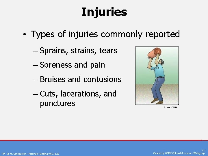 Injuries • Types of injuries commonly reported – Sprains, strains, tears – Soreness and