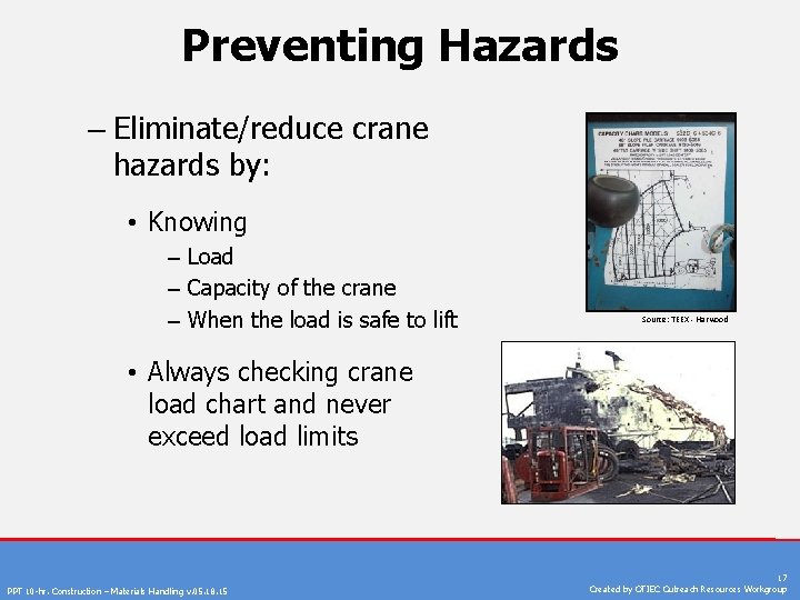 Preventing Hazards – Eliminate/reduce crane hazards by: • Knowing – Load – Capacity of