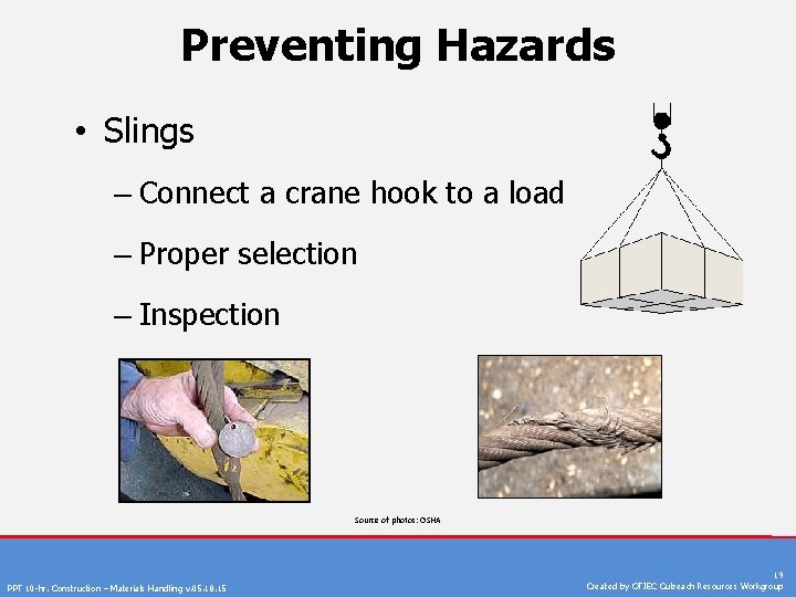 Preventing Hazards • Slings – Connect a crane hook to a load – Proper