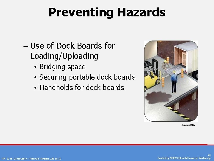 Preventing Hazards – Use of Dock Boards for Loading/Uploading • Bridging space • Securing