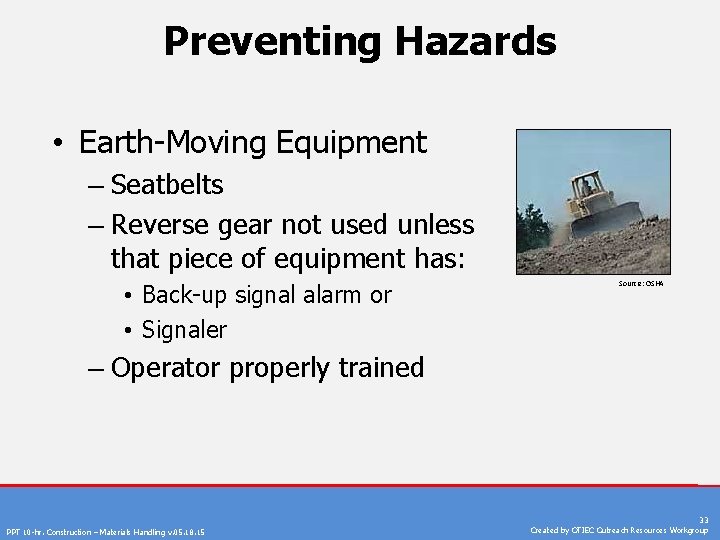 Preventing Hazards • Earth-Moving Equipment – Seatbelts – Reverse gear not used unless that