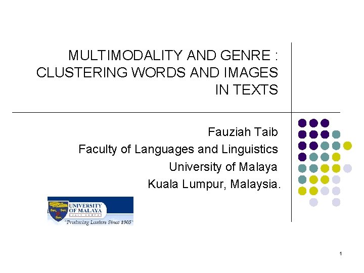 MULTIMODALITY AND GENRE : CLUSTERING WORDS AND IMAGES IN TEXTS Fauziah Taib Faculty of