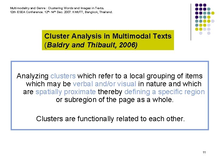 Multimodality and Genre : Clustering Words and Images in Texts. 12 th ESEA Conference.