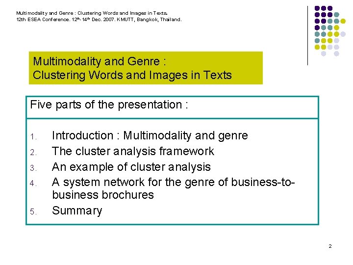 Multimodality and Genre : Clustering Words and Images in Texts. 12 th ESEA Conference.