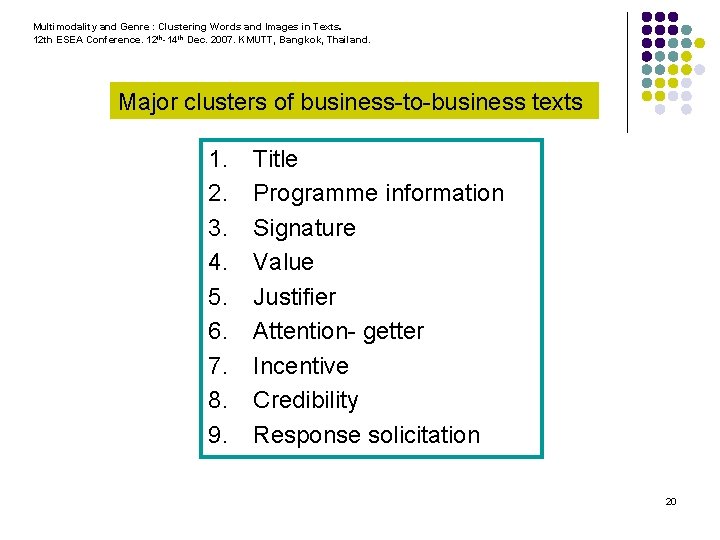 Multimodality and Genre : Clustering Words and Images in Texts. 12 th ESEA Conference.