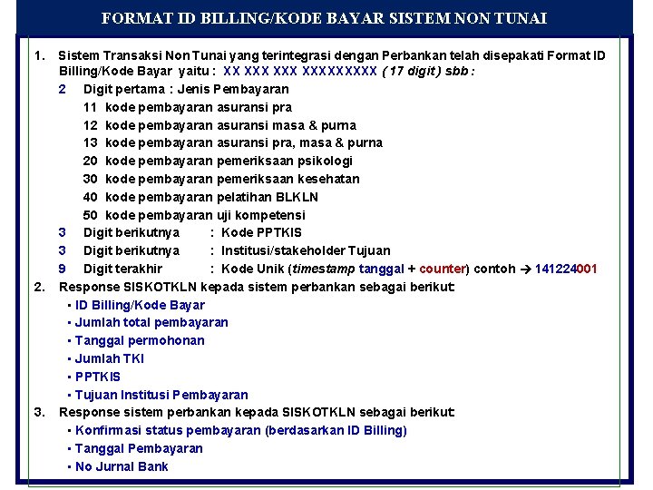 FORMAT ID BILLING/KODE BAYAR SISTEM NON TUNAI 1. 2. 3. Sistem Transaksi Non Tunai