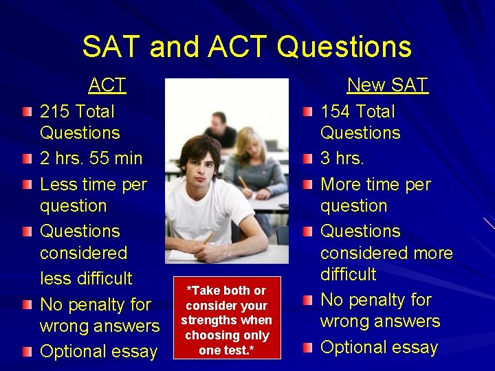 SAT and ACT Questions ACT 215 Total Questions 2 hrs. 55 min Less time