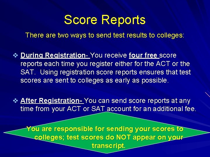 Score Reports There are two ways to send test results to colleges: v During