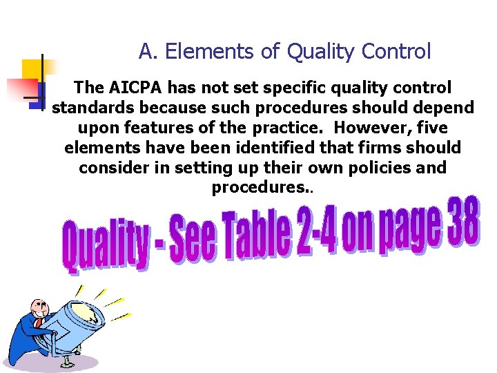 A. Elements of Quality Control The AICPA has not set specific quality control standards