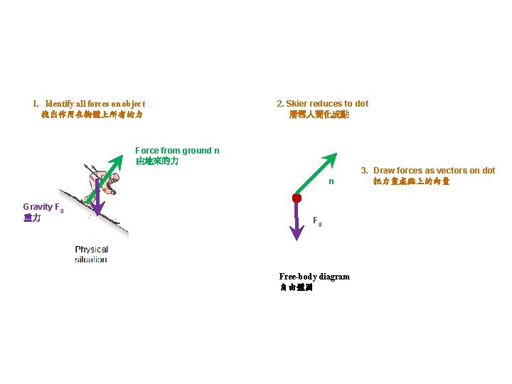 1. Identify all forces on object 找出作用在物體上所有的力 2. Skier reduces to dot 滑雪人簡化成點 Force