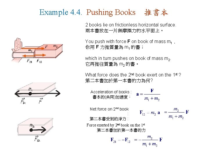 Example 4. 4. Pushing Books 推書本 2 books lie on frictionless horizontal surface. 兩本書放在一片無摩擦力的水平面上。