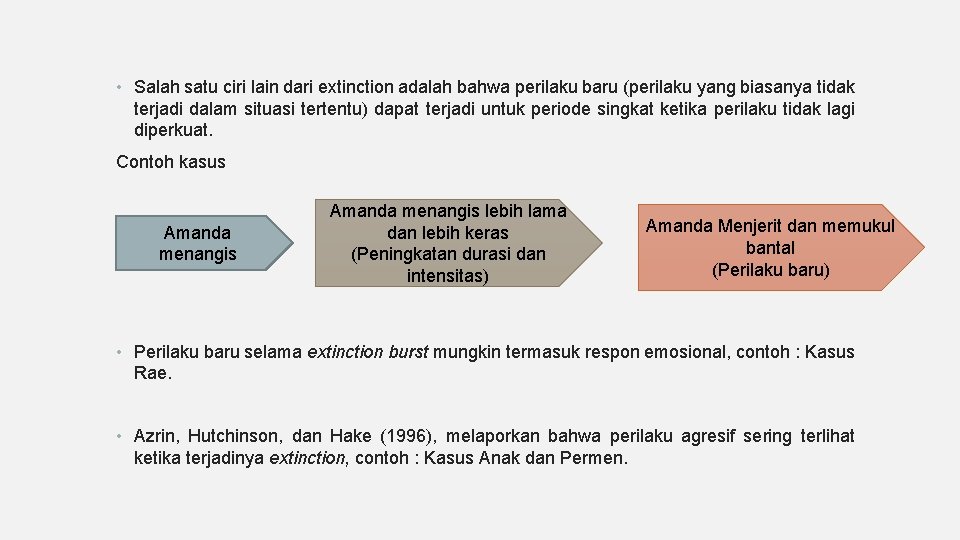  • Salah satu ciri lain dari extinction adalah bahwa perilaku baru (perilaku yang