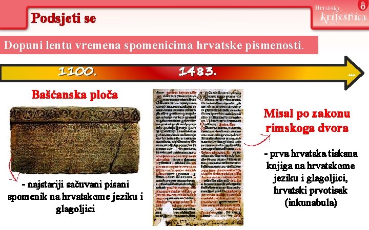 Podsjeti se Dopuni lentu vremena spomenicima hrvatske pismenosti. 1100. 1483. . Bašćanska ploča Misal Podsjeti se Dopuni lentu vremena spomenicima hrvatske pismenosti. 1100. 1483. . Bašćanska ploča Misal