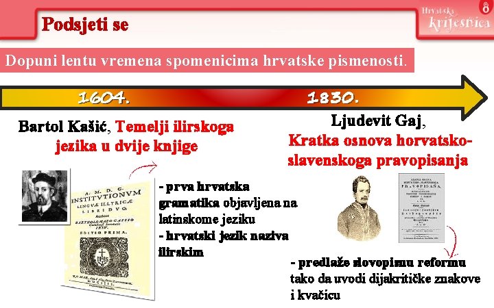 Podsjeti se Dopuni lentu vremena spomenicima hrvatske pismenosti. 1604. Bartol Kašić, Temelji ilirskoga jezika