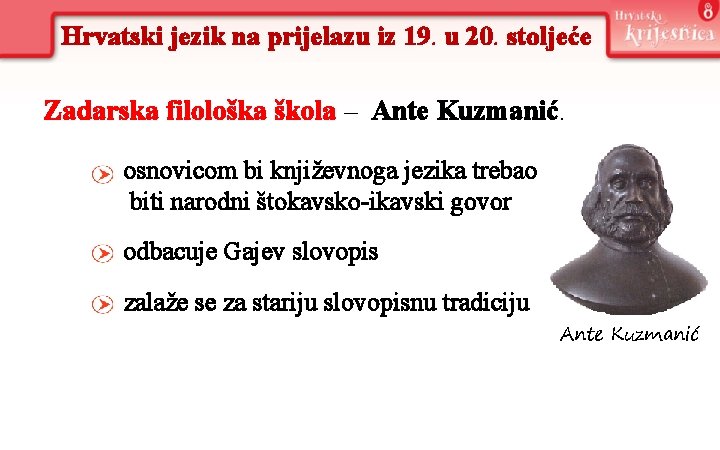 Hrvatski jezik na prijelazu iz 19. u 20. stoljeće Zadarska filološka škola – Ante Hrvatski jezik na prijelazu iz 19. u 20. stoljeće Zadarska filološka škola – Ante