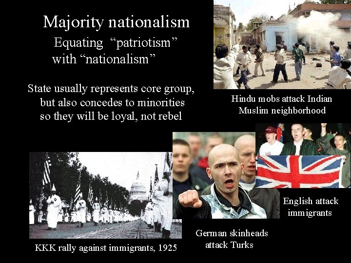 Majority nationalism Equating “patriotism” with “nationalism” State usually represents core group, but also concedes