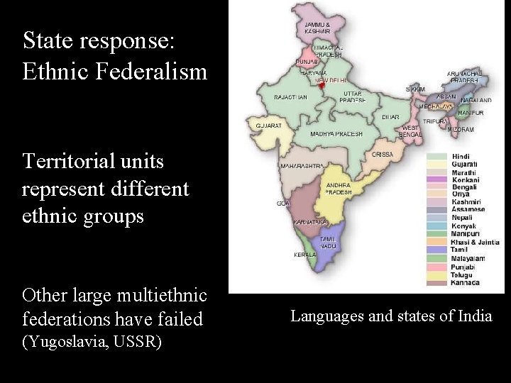 State response: Ethnic Federalism Territorial units represent different ethnic groups Other large multiethnic federations