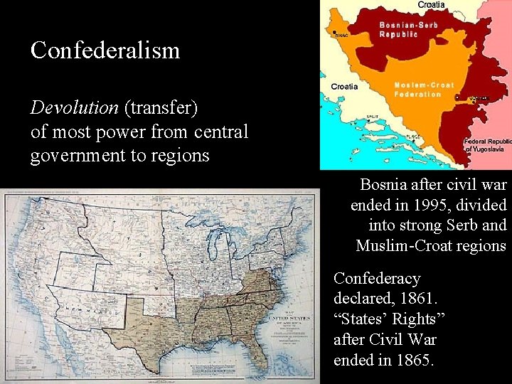 Confederalism Devolution (transfer) of most power from central government to regions Bosnia after civil