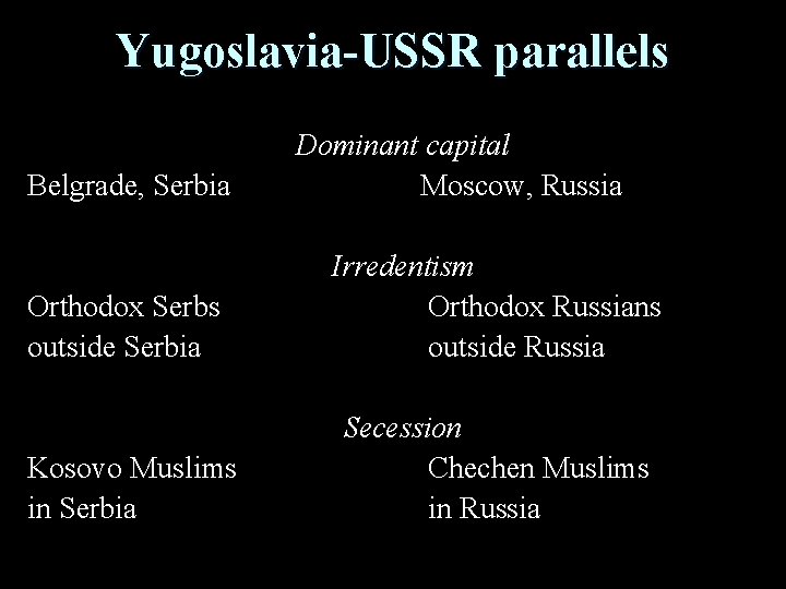 Yugoslavia-USSR parallels Belgrade, Serbia Dominant capital Moscow, Russia Orthodox Serbs outside Serbia Irredentism Orthodox