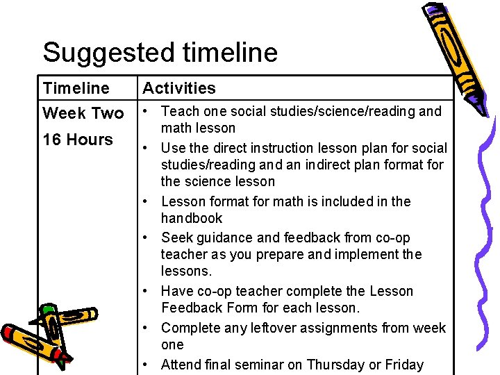 Suggested timeline Timeline Activities Week Two • Teach one social studies/science/reading and math lesson