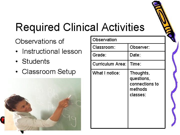 Required Clinical Activities Observations of • Instructional lesson • Students • Classroom Setup Observation