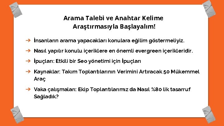 Arama Talebi ve Anahtar Kelime Araştırmasıyla Başlayalım! ➔ İnsanların arama yapacakları konulara eğilim göstermeliyiz.