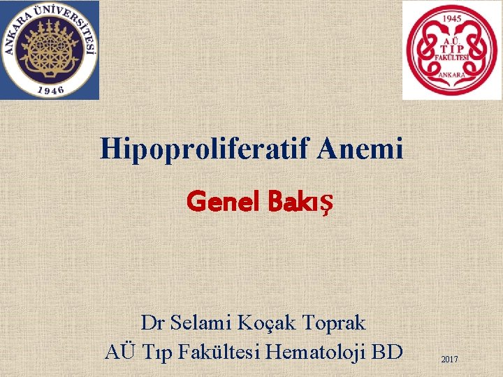 Hipoproliferatif Anemi Genel Bakış Dr Selami Koçak Toprak AÜ Tıp Fakültesi Hematoloji BD 2017