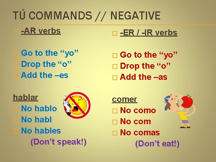 TÚ COMMANDS // NEGATIVE � -AR verbs Go to the “yo” � Drop the