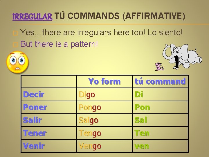 IRREGULAR TÚ COMMANDS (AFFIRMATIVE) Yes…there are irregulars here too! Lo siento! � But there