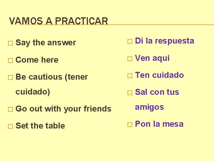 VAMOS A PRACTICAR � Say the answer � Di la respuesta � Come here