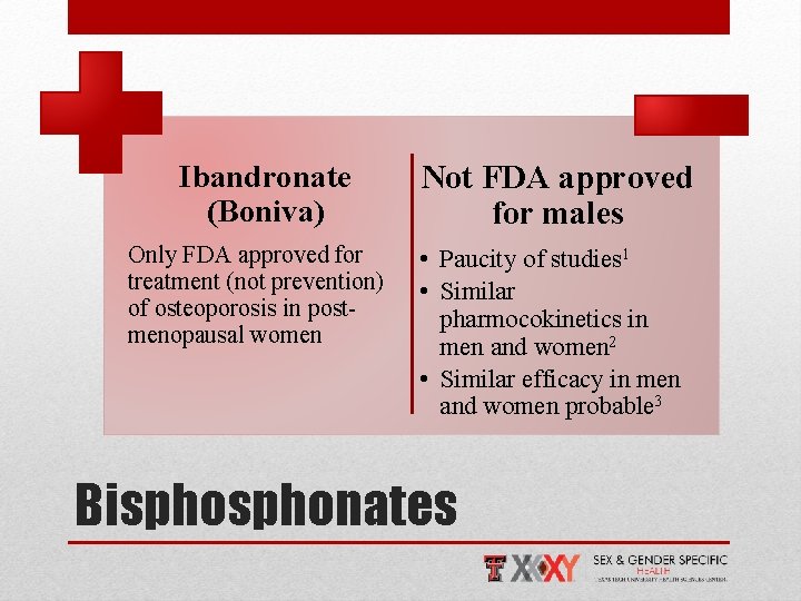 Ibandronate (Boniva) Only FDA approved for treatment (not prevention) of osteoporosis in postmenopausal women