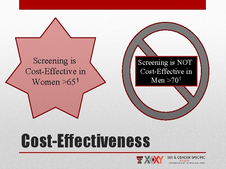 Screening is Cost-Effective in Women >651 Screening is NOT Cost-Effective in Men >701 Cost-Effectiveness