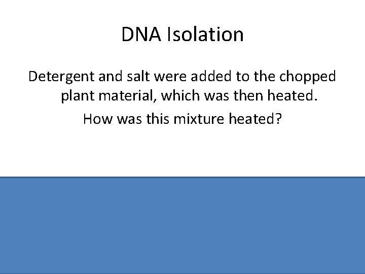DNA Isolation Detergent and salt were added to the chopped plant material, which was DNA Isolation Detergent and salt were added to the chopped plant material, which was