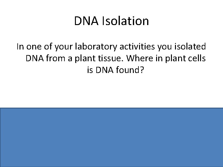 DNA Isolation In one of your laboratory activities you isolated DNA from a plant