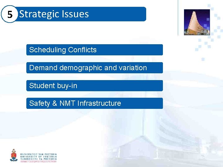 5 Strategic Issues Scheduling Conflicts Demand demographic and variation Student buy-in Safety & NMT