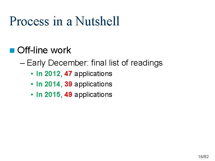 Process in a Nutshell n Off-line work – Early December: final list of readings Process in a Nutshell n Off-line work – Early December: final list of readings