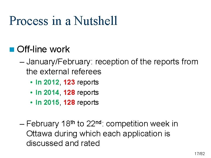 Process in a Nutshell n Off-line work – January/February: reception of the reports from Process in a Nutshell n Off-line work – January/February: reception of the reports from