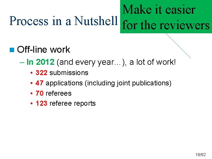 Make it easier Process in a Nutshell for the reviewers n Off-line work – Make it easier Process in a Nutshell for the reviewers n Off-line work –
