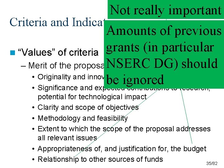 Not really important Criteria and Indicators Amounts of previous grants (in particular n “Values” Not really important Criteria and Indicators Amounts of previous grants (in particular n “Values”