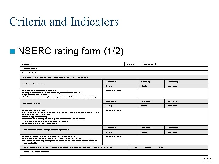 Criteria and Indicators n NSERC rating form (1/2) Applicant: University: Application I. D. : Criteria and Indicators n NSERC rating form (1/2) Applicant: University: Application I. D. :