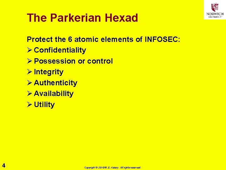 The Parkerian Hexad Protect the 6 atomic elements of INFOSEC: Ø Confidentiality Ø Possession